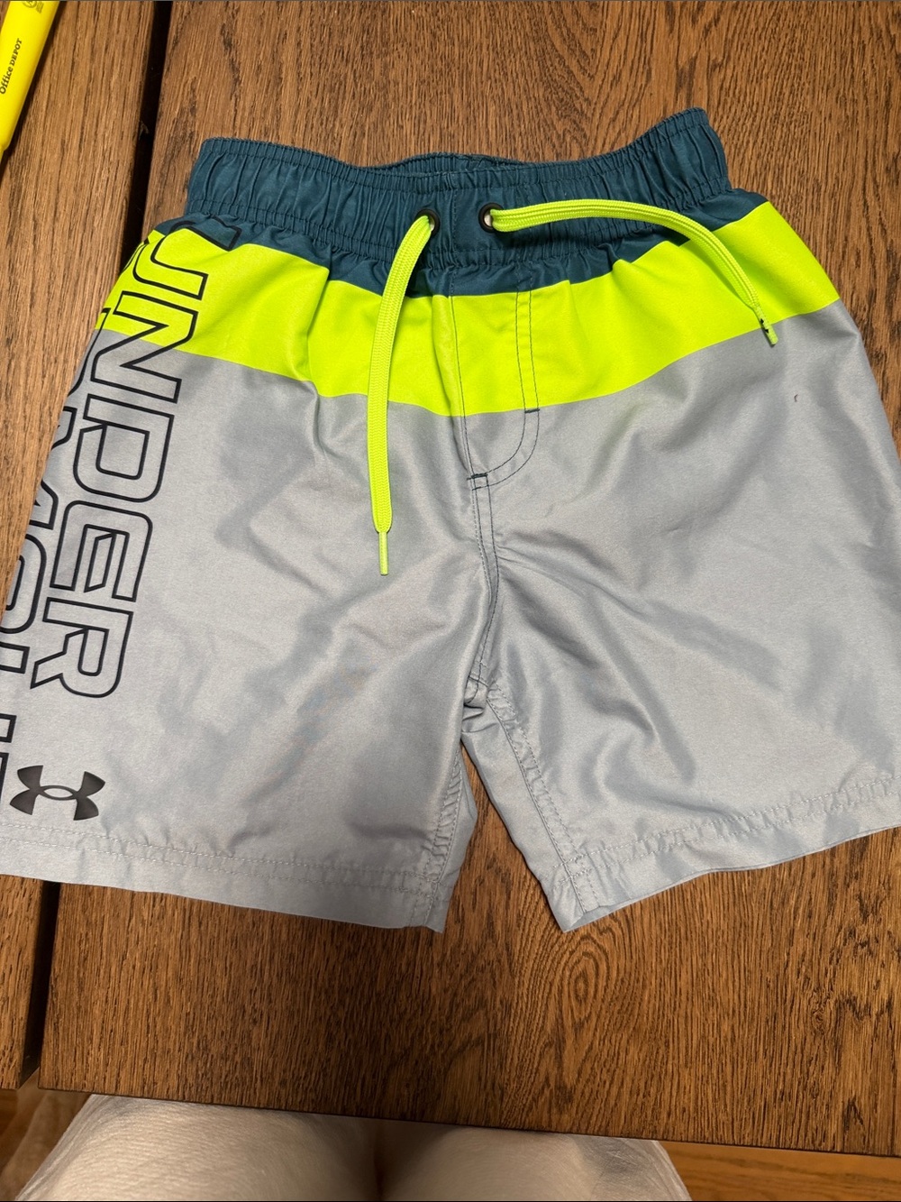 Under Armour Boys Gray Swim Trunks with Neon Yellow Band and Teal Waist